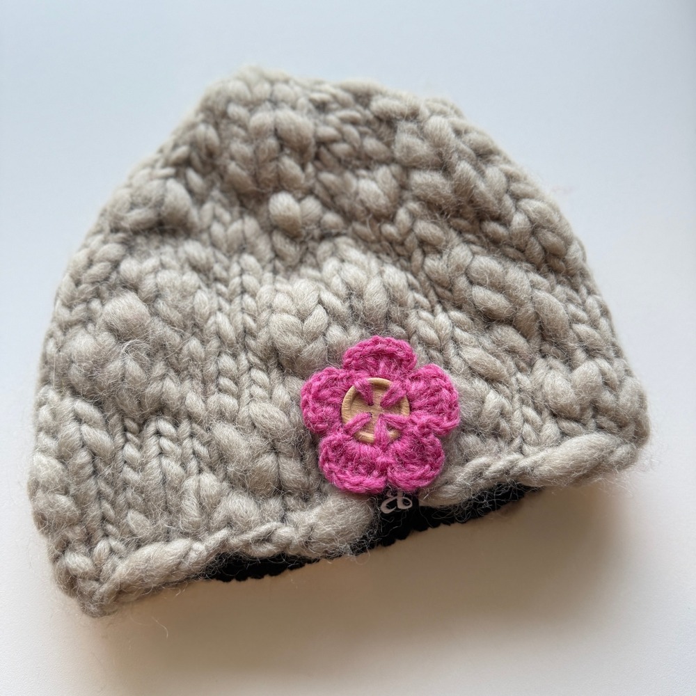 Ambler Kids Small Medium Wool Beanie Beige Pink Flower Fleece Lined Winter Hat